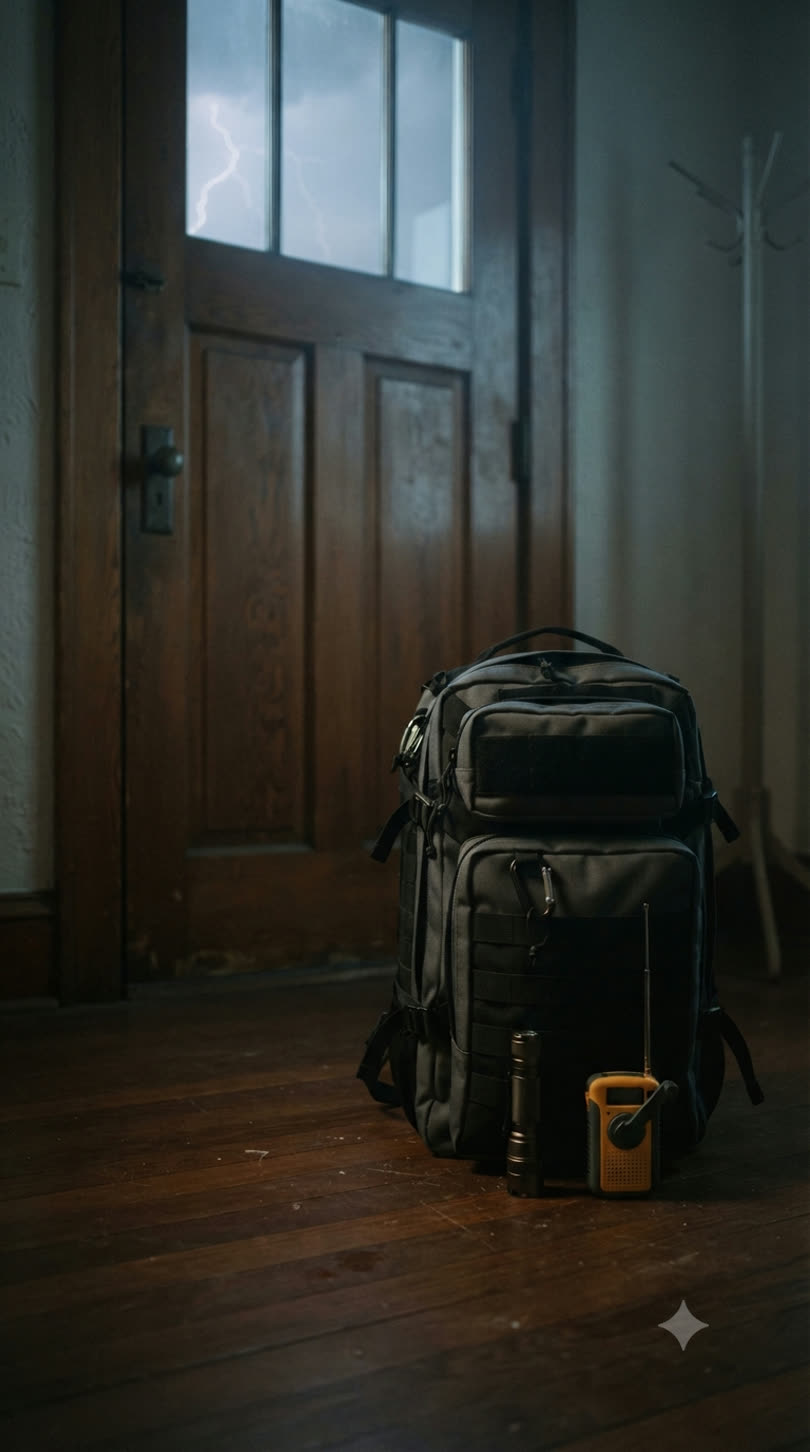 Packed go-bag staged by a front door, ready to grab