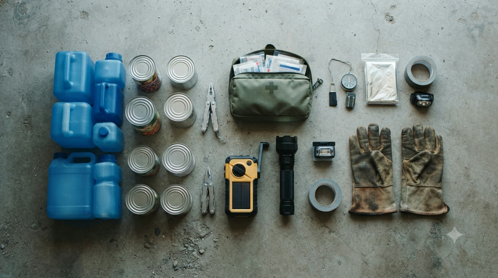 Emergency preparedness kit contents laid out flat: water containers, radio, flashlight, first aid supplies, and documents